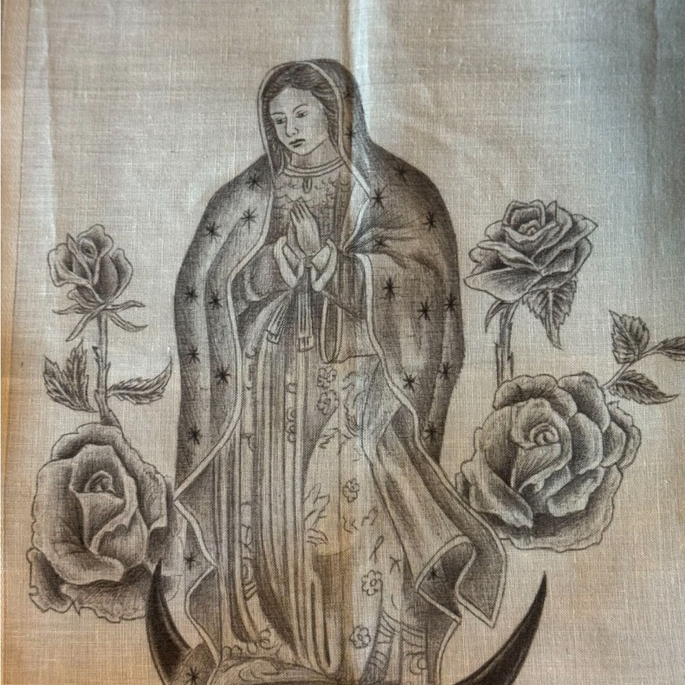 Religious Art Drawing with Roses Virgin Mary (drawn in prison on bandana)